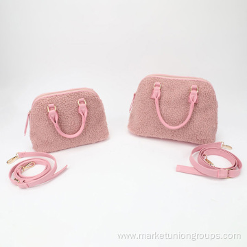 Pink Wool Winter Lambs Sherpa PU Multifunctional Shoulder Handbag Lady Tote Bag Set